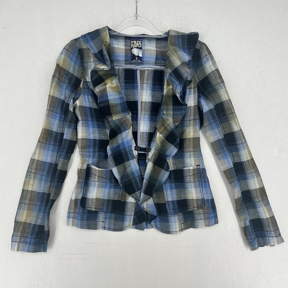 Free People Liberty Ruffled Plaid Blazer Womens Size 2 Blue White Light Jacket